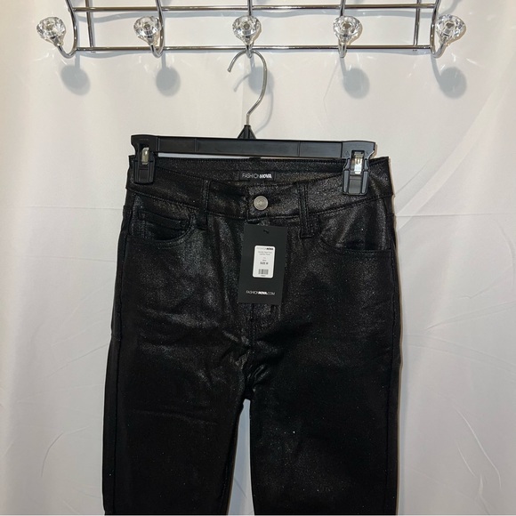 Double Dare Faux Leather Black Glitter Sparkle Pants - Picture 8 of 11